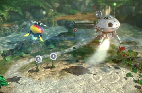 A picture of the explorers descending on a landing site in the S.S. Koppai spaceship to continue their mission.